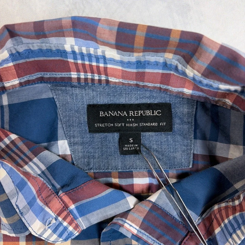 Banana Republic Button Down Shirt Mens S Blue Plaid Stretch Soft Wash Standard